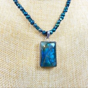 Labradorite rectangular stone set in sterling pendant on pearl and bead chain